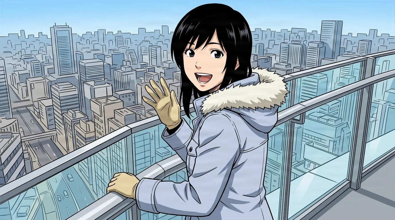 Yuri em um casaco de inverno com capuz de pelo acenando do parapeito de um mirante bem acima de um vasto horizonte urbano.