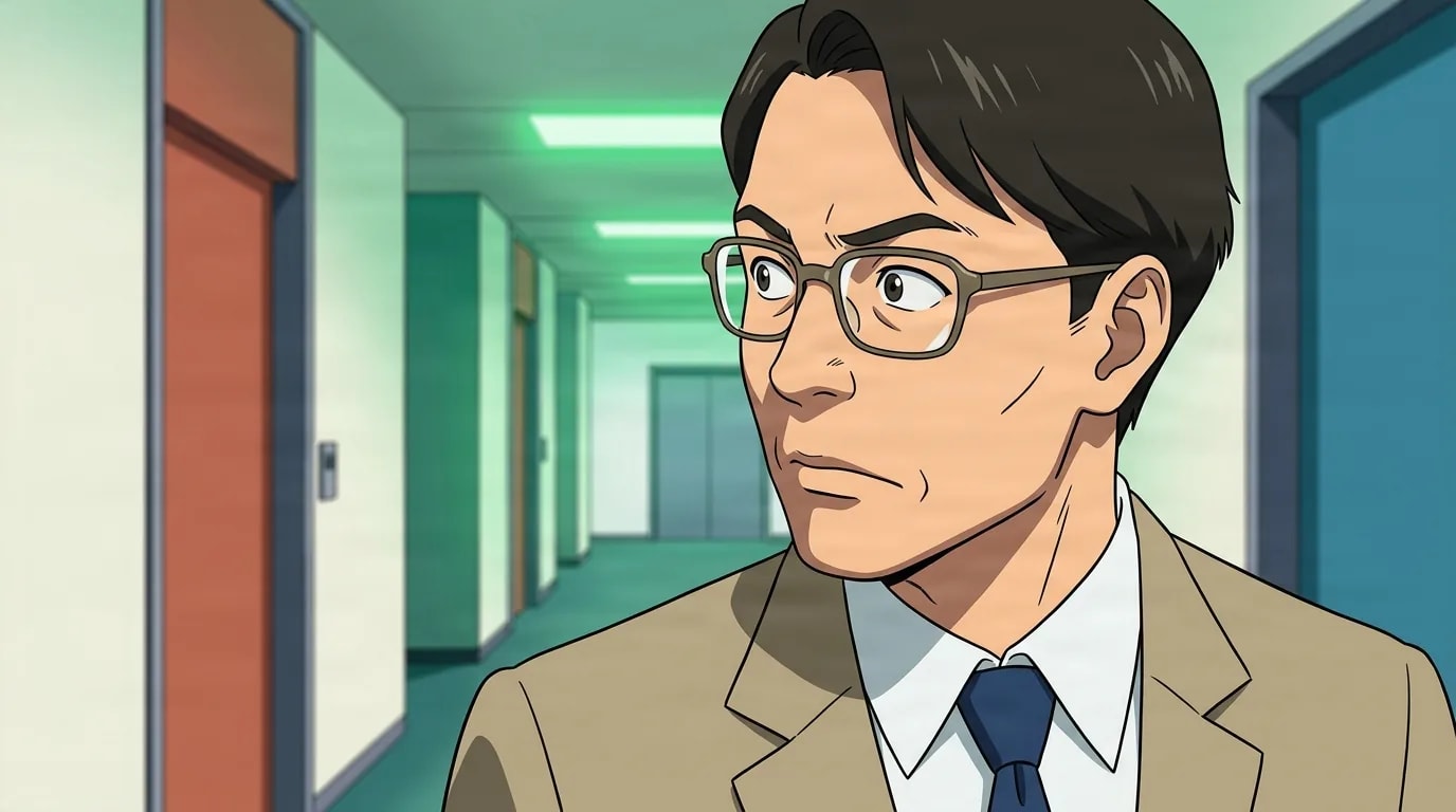 Anime man with glasses in a beige suit and navy tie glances over his shoulder in a green tinted office corridor.