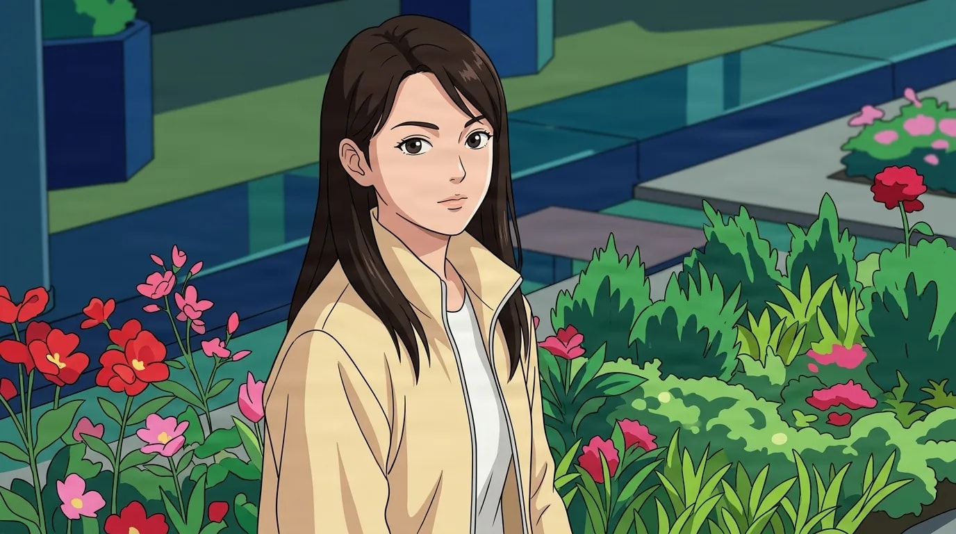 Giovane donna anime con lunghi capelli scuri in giacca chiara in piedi tra fiori da giardino rossi e rosa che guarda verso l'osservatore.