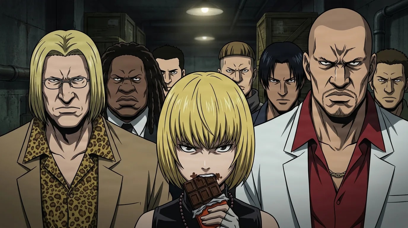 A group of hardened criminal men stand in a dim warehouse behind a young blond figure biting a bar of chocolate.