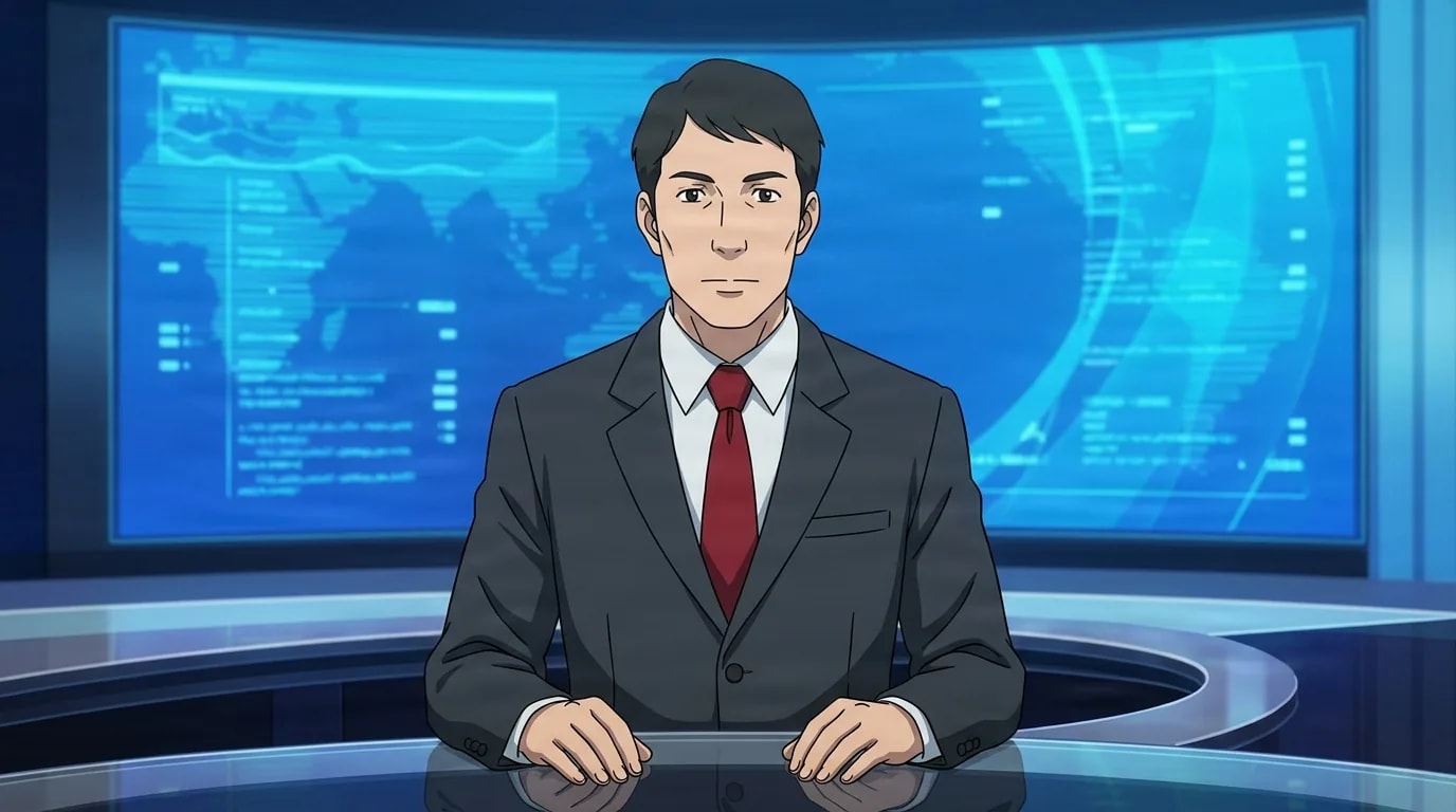 Ein Anime-Nachrichtensprecher in einem dunklen Anzug und roter Krawatte sitzt an einem glänzenden Pult vor einem leuchtenden blauen Weltkarten-Bildschirm, in einem Sendestudio.