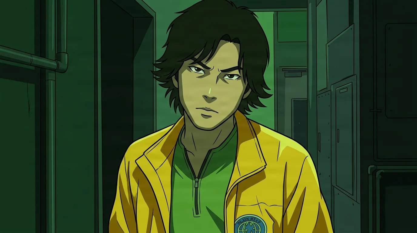 Giovane uomo anime con capelli scuri arruffati in giacca gialla sopra una camicia verde fissa con diffidenza da un fioco corridoio verde.