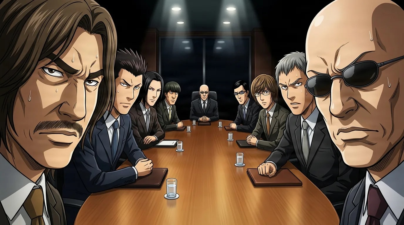 Eight businessmen in suits sit around a long boardroom table under spotlights, sweating and glaring with schemes in mind.