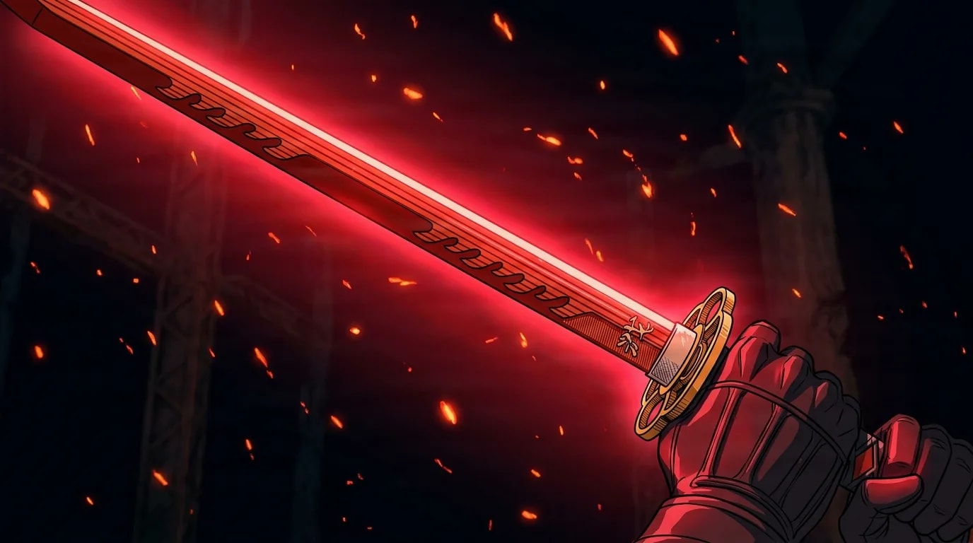 Sebilah katana merah terang yang bercahaya digenggam tangan bersarung dengan bara oranye beterbangan di aula yang gelap.