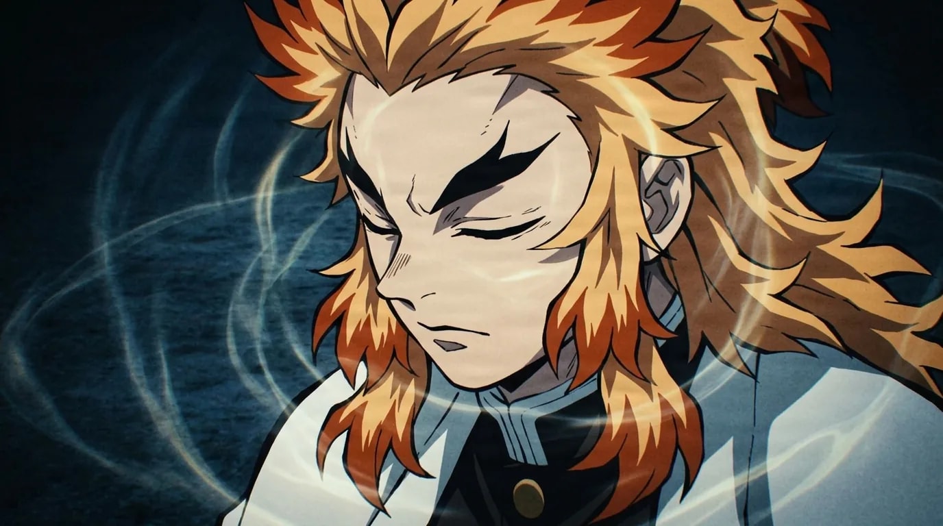 Flame-haired swordsman with eyes closed in deep focus as pale sensory swirls circle around his head