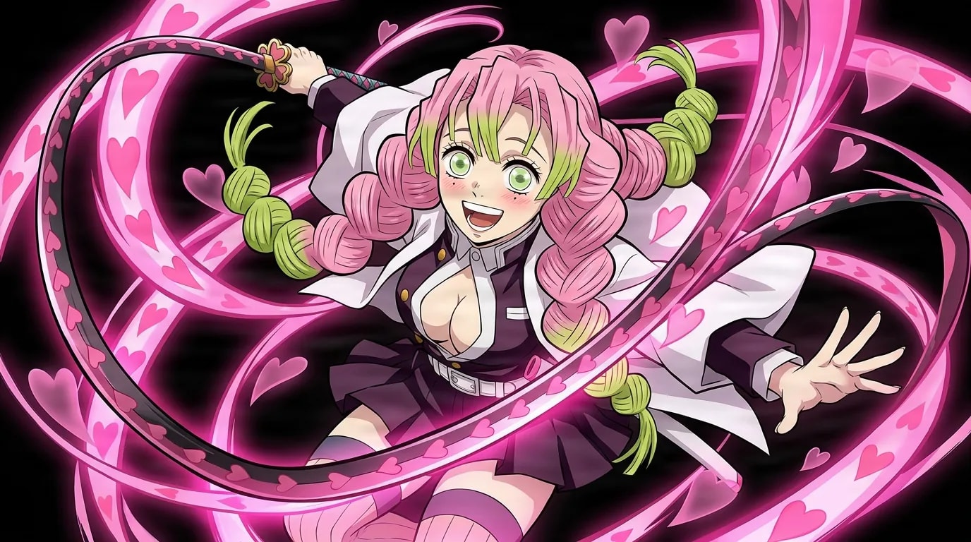 Pink and green haired slayer swinging a flexible whip-blade through swirling pink hearts