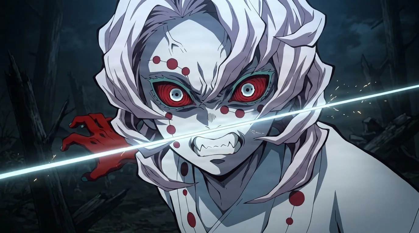 Démon pâle aux cheveux blancs et aux yeux rouges faisant face à un fil de lumière tendu et brillant qui traverse le cadre