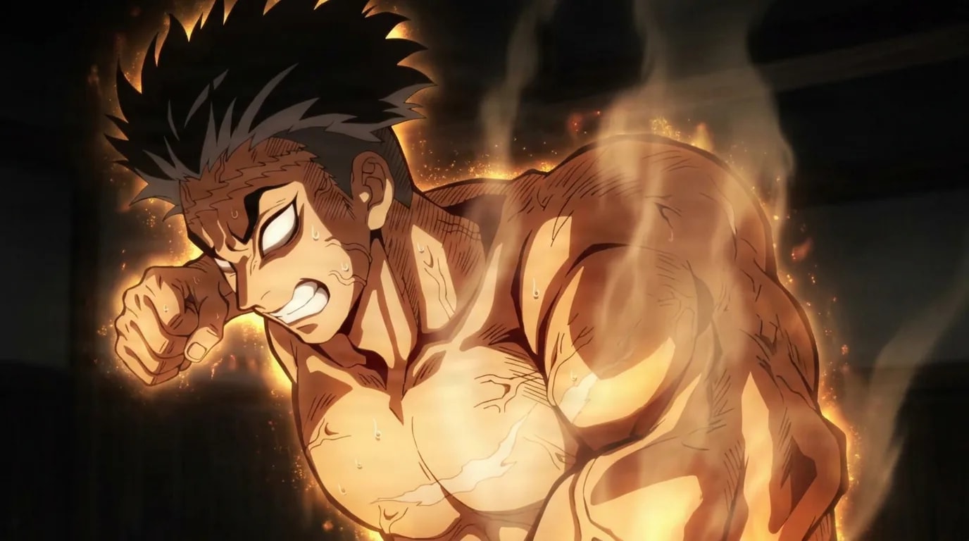 Shirtless muscular fighter straining with a clenched fist as orange heat haze and embers rise off him