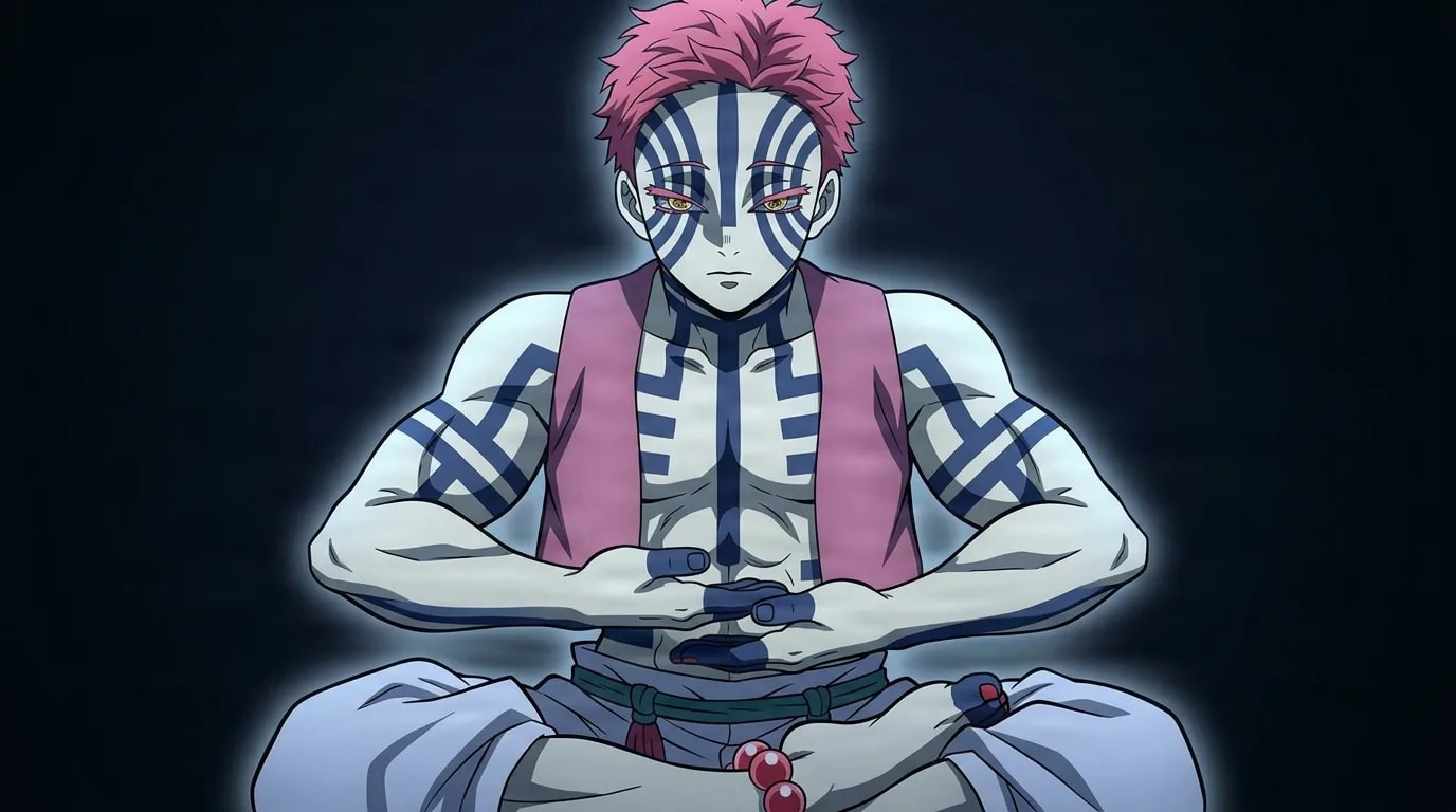 A pink-haired muscular warrior with blue and white striped facial markings sits cross-legged in deep meditation, hands clasped, glowing faintly against a dark background.