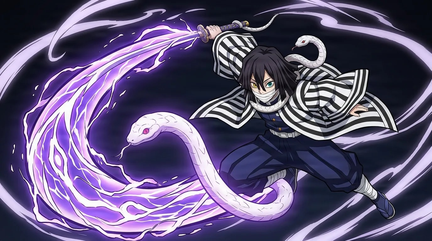 Un épéiste aux cheveux sombres vêtu d'un haori rayé noir et blanc s'élance en avant tandis qu'un serpent blanc et un ruban ondulant d'énergie violette tourbillonnent depuis son katana levé.