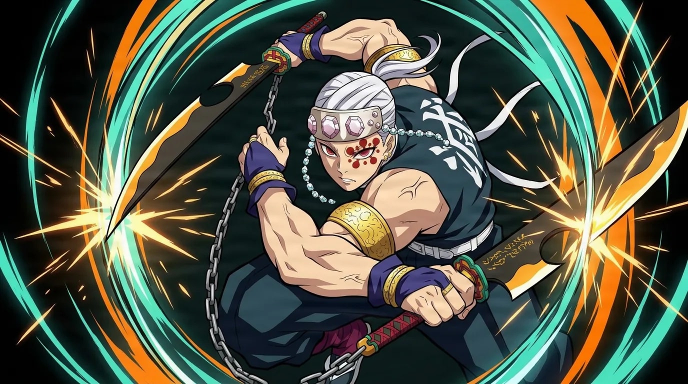 A white-haired warrior with red facial gems and a jeweled headband swings two chained cleaver blades amid orange sparks and teal spiraling sound rings.