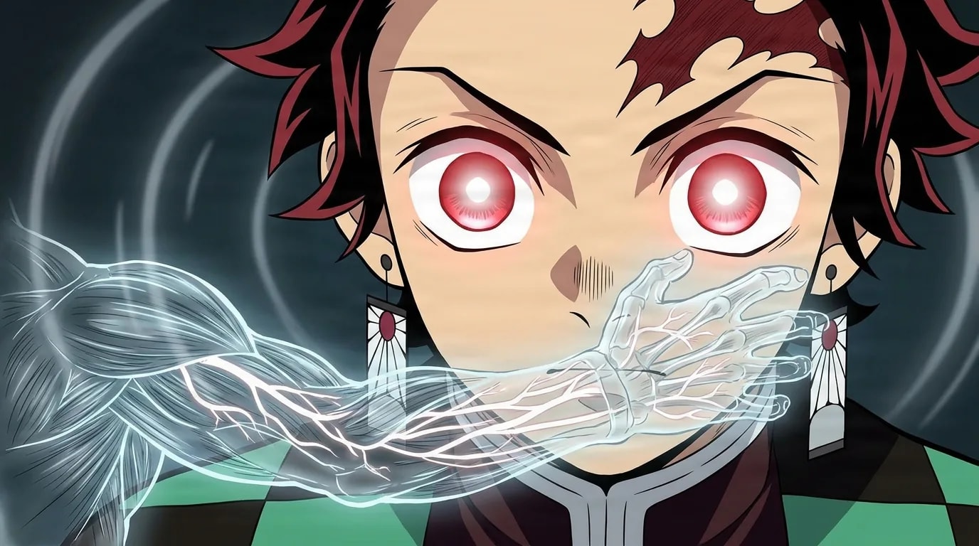 An extreme close-up of a red-haired boy with glowing red eyes and hanafuda earrings, a translucent glowing hand with visible veins reaching toward him.