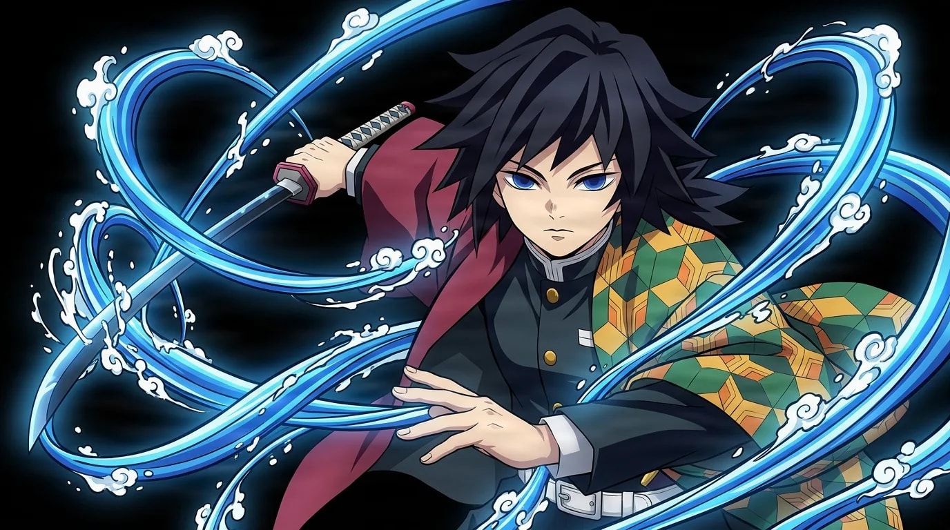 A black-haired swordsman in a half-crimson checkered haori sweeps his katana as bright blue ribbons of water spiral around him against black.