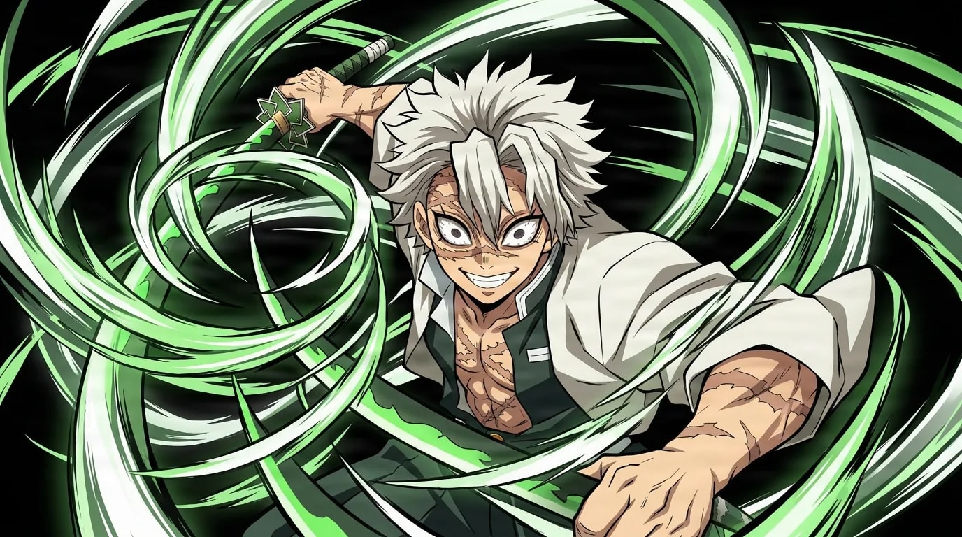 A grinning white-haired scarred fighter thrusts forward with a katana as swirling green and white wind blades spiral around him in the dark.