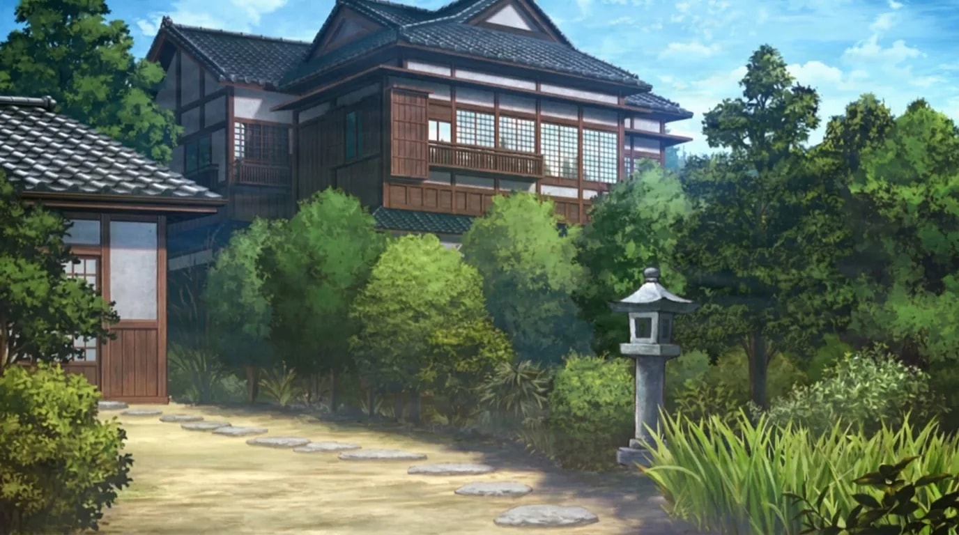 Ein großes traditionelles japanisches Holzanwesen an einem sonnigen Tag, ein Trittsteinweg führt durch einen üppig grünen Garten an einer Steinlaterne vorbei, unter einem strahlend blauen Himmel.