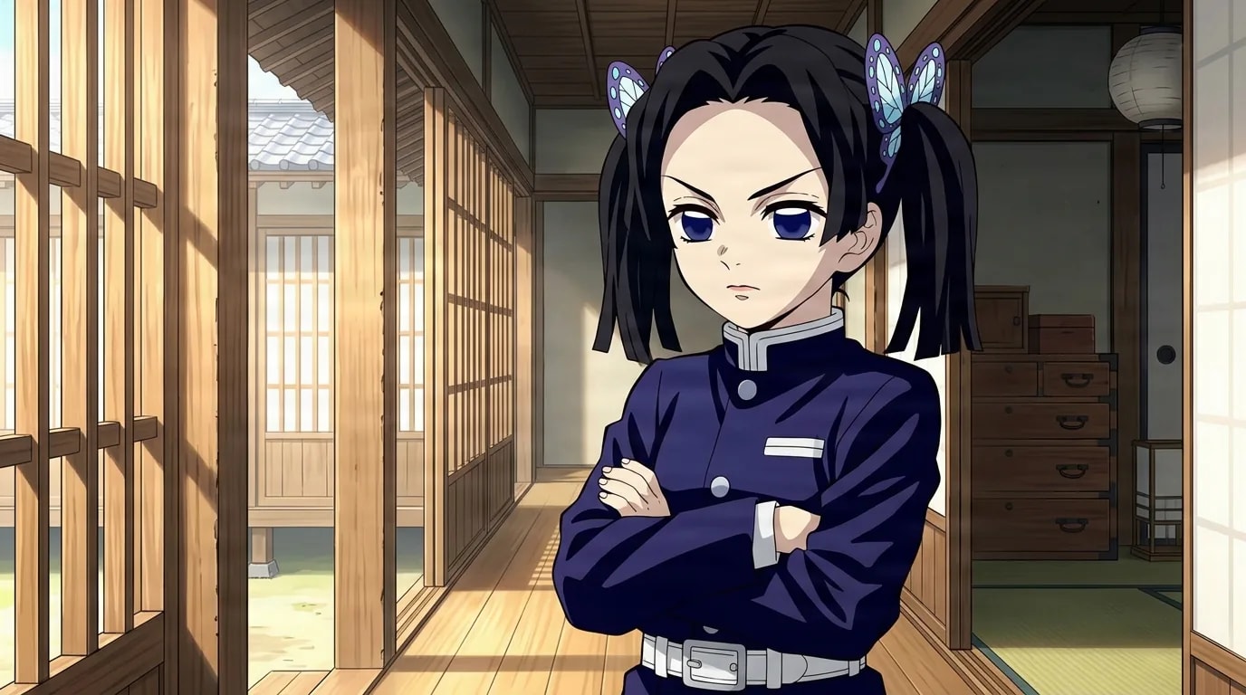 Black haired girl with butterfly hair clips and twin tails standing with arms crossed and a stern look in a sunlit wooden corridor of a traditional estate