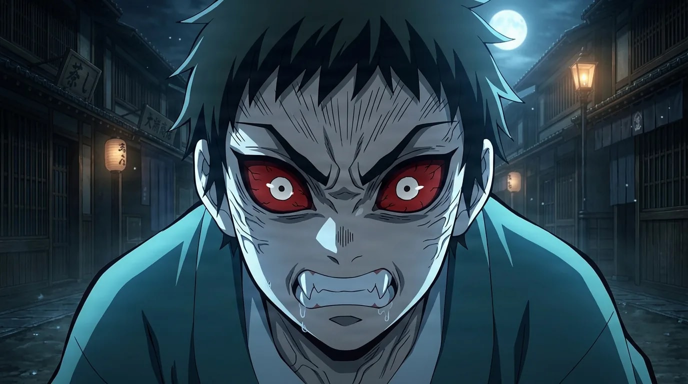 Knurrender Dämon mit leuchtend roten Augen und Fangzähnen kauert nachts auf einer dunklen Straße der Taisho-Ära, beleuchtet von Papierlaternen und einem Vollmond.
