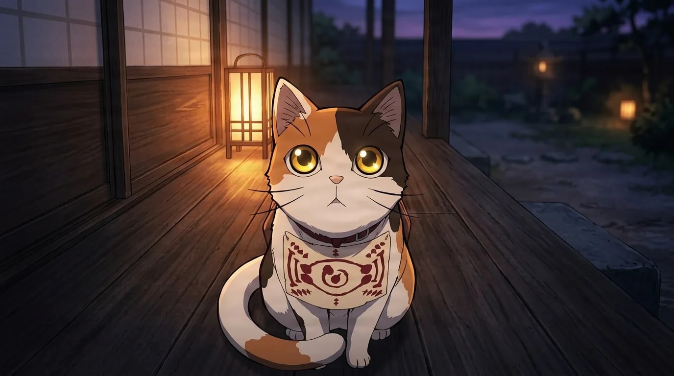 Gatto tricolore con un talismano di carta legato al collo, seduto su una veranda di legno al crepuscolo accanto a una lanterna di carta luminosa