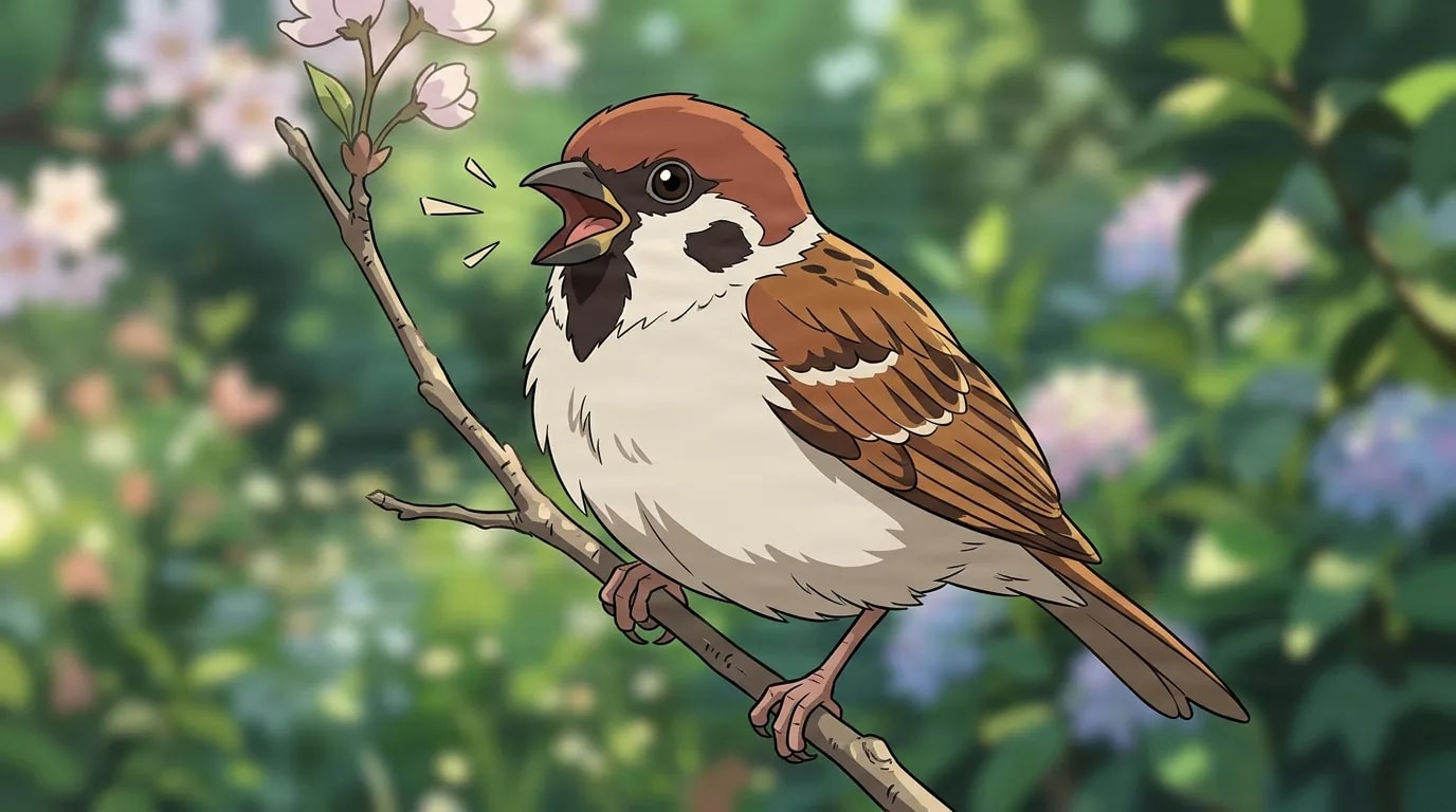 Chuntaro, der Spatz, sitzt auf einem schlanken Zweig, den Schnabel mitten im Zwitschern geöffnet, neben Kirschblüten in einem grünen Garten.