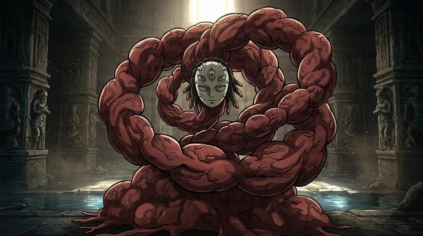Enmu aus Demon Slayer in einer nah gerahmten, cel-schattierten Anime-Szene mit einer detaillierten Umgebung.