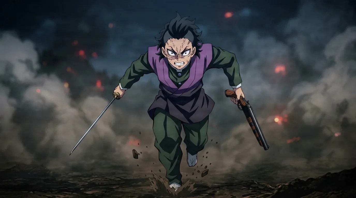 Genya Shinazugawa charging forward with sword and rifle in hand, teeth gritted, across a smoky night battlefield