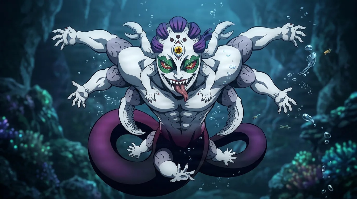 Gyokko the many-armed demon lunging with arms splayed and tongue out through an eerie underwater cavern
