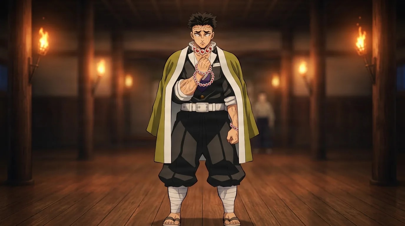Gyomei Himejima standing tall with prayer beads clasped, tearful solemn face, in a torch-lit wooden hall