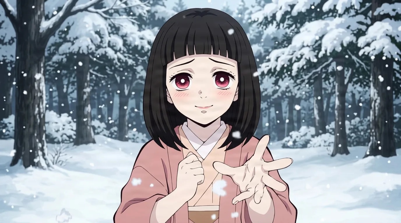 Black haired girl with a bob cut and pink eyes in a pink kimono reaching out one hand with a shy smile in a snowy forest as snow falls