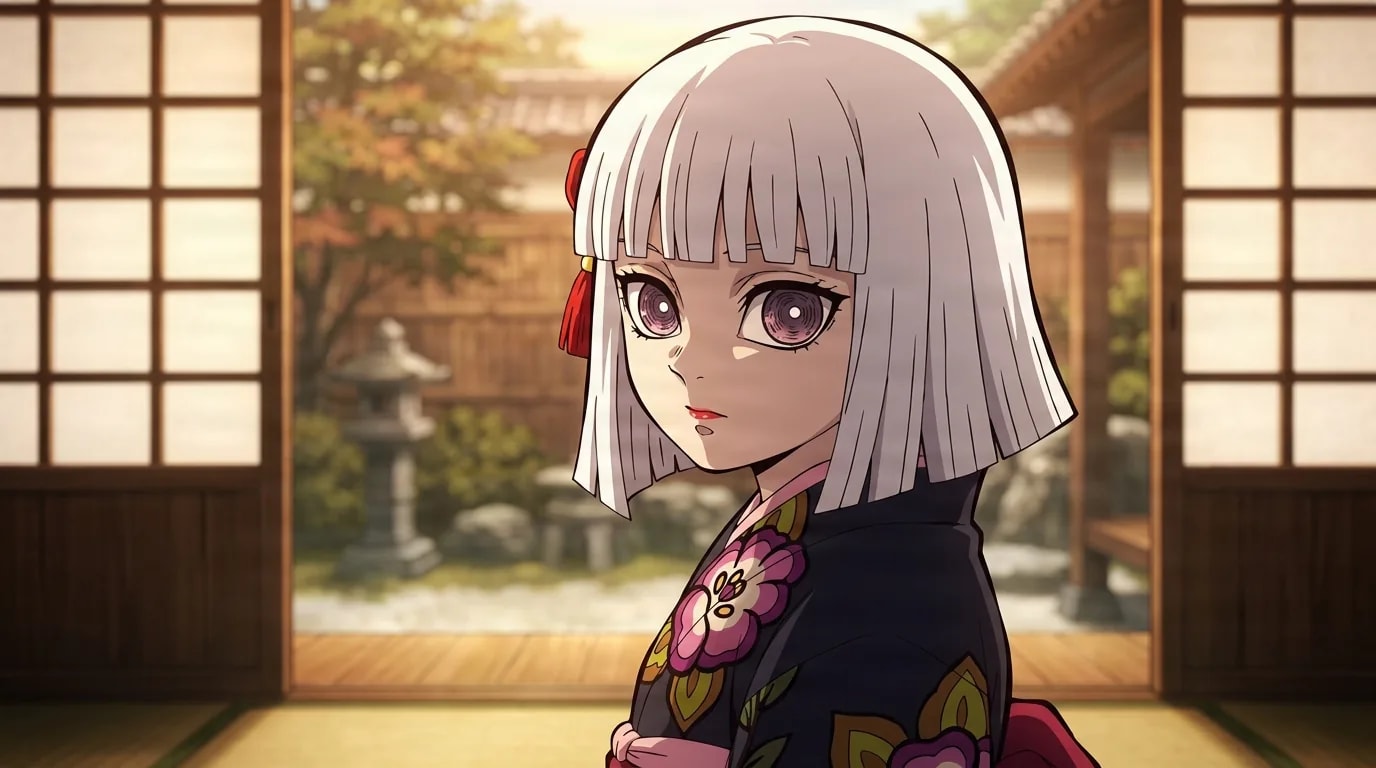 A silver haired young girl with blunt bangs and a small red bow hair ornament turns to glance at the viewer, wearing a dark navy kimono with large pink flowers, standing in a traditional Japanese room with a garden and stone lantern visible behind her.