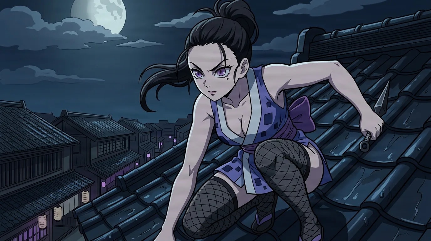 Eine dunkelhaarige Kunoichi mit Haarknoten und violetten Augen kauert tief auf einem mondbeschienenen Ziegeldach, hält eine Kunai-Klinge an ihrer Seite, hinter ihr eine schlafende Stadt und ein heller Vollmond.