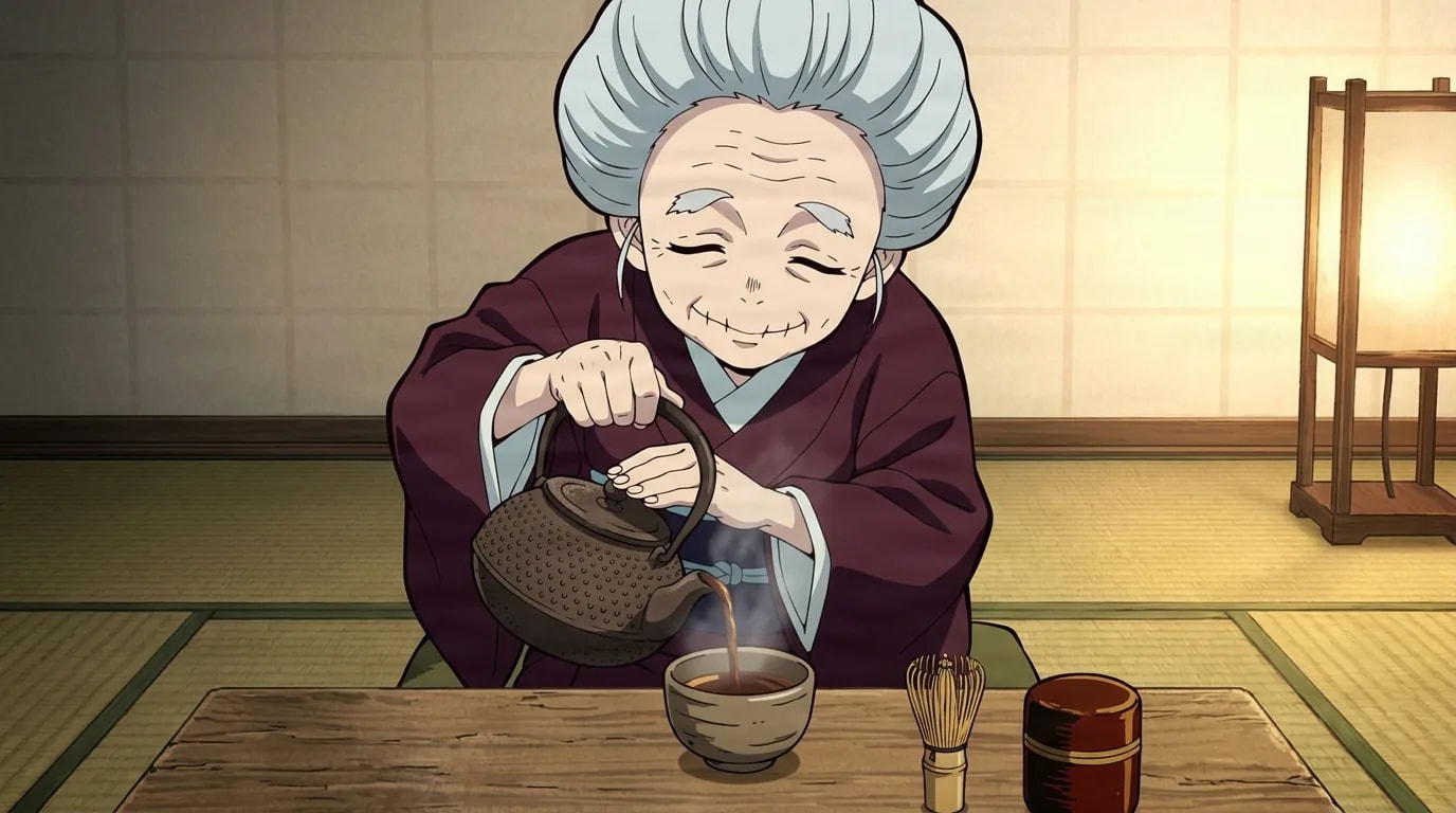 An elderly woman with a silver updo and a wrinkled smiling face kneels at a low wooden table in a tatami room, pouring steaming tea from a cast iron kettle into a cup, a paper lamp glowing beside her.