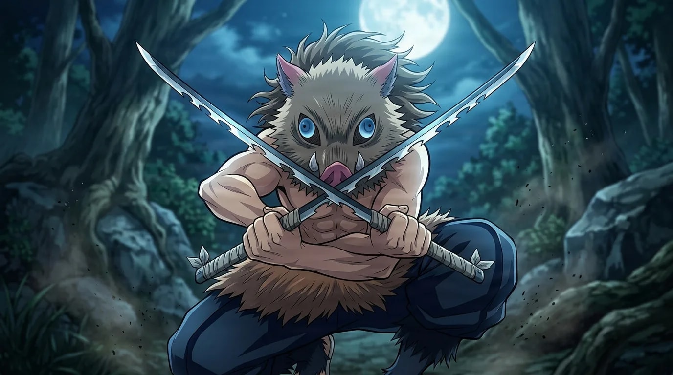 Inosuke Hashibira con una maschera da cinghiale, accovacciato con due spade seghettate incrociate davanti a sé in una foresta illuminata dalla luna