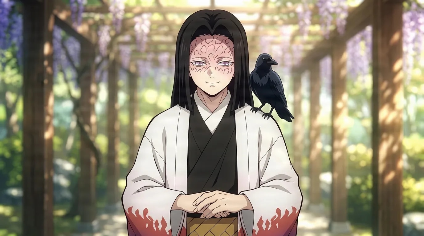 Kagaya Ubuyashiki em pé calmamente com as mãos entrelaçadas e um corvo no ombro em um jardim de glicínias ensolarado.