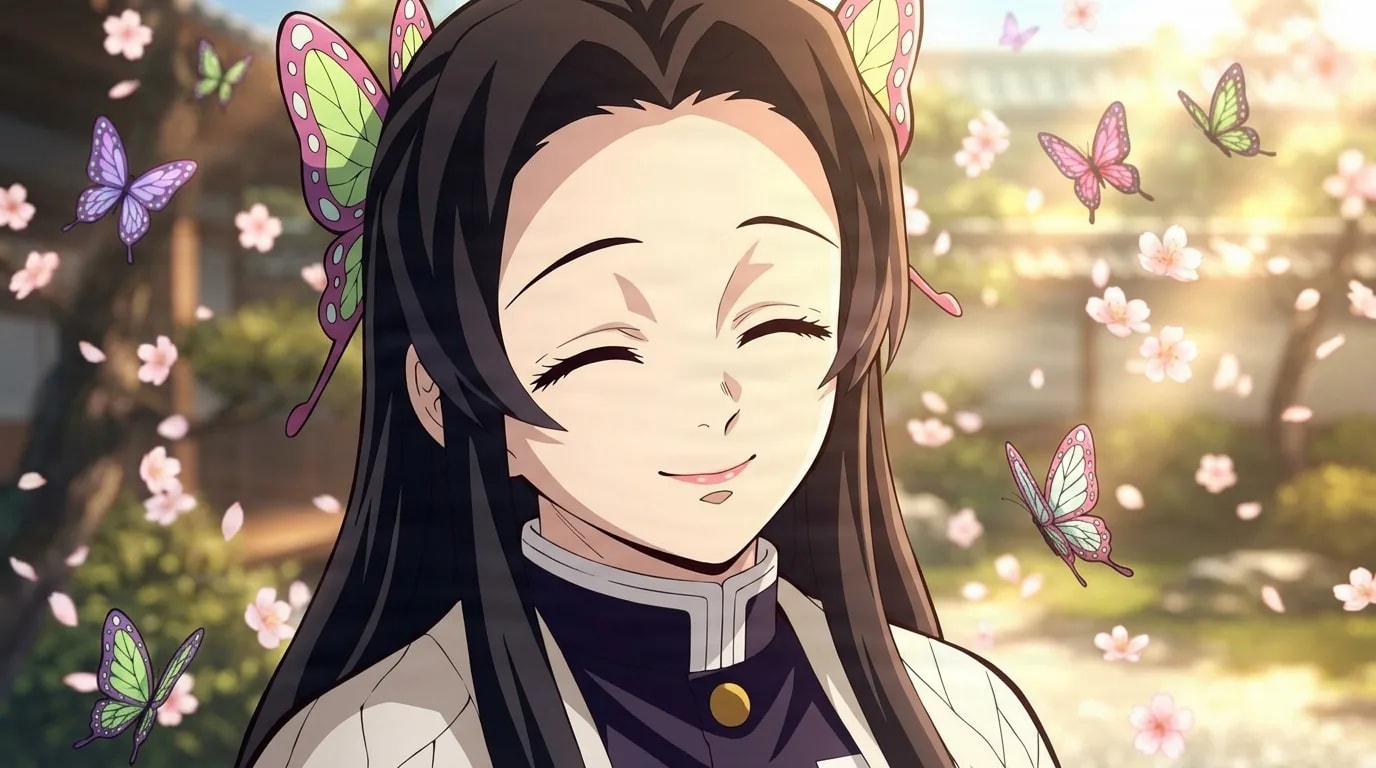 Kanae Kocho lächelt warm mit geschlossenen Augen und einem Schmetterling-Haarschmuck, in einem sonnenbeschienenen Garten mit umherschwebenden Schmetterlingen und Kirschblüten.