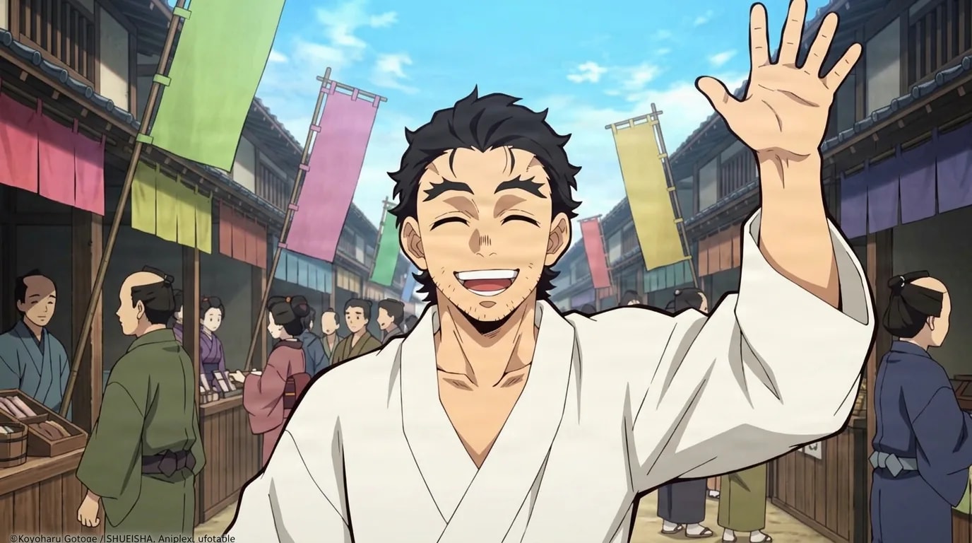 Un uomo sorridente dai capelli neri con la barba incolta solleva una mano in un allegro saluto mentre si trova in un'affollata strada di mercato d'epoca fiancheggiata da colorati stendardi di stoffa e clienti in kimono sotto un cielo azzurro brillante, indossando una veste bianca