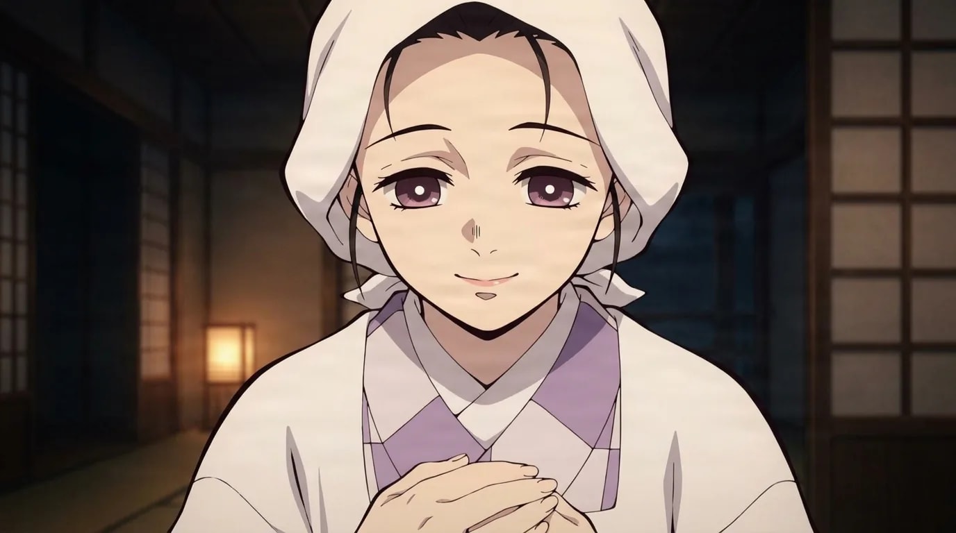 Kie Kamado in a white headscarf with hands folded and a gentle caring smile, inside a warm lamplit wooden home at night