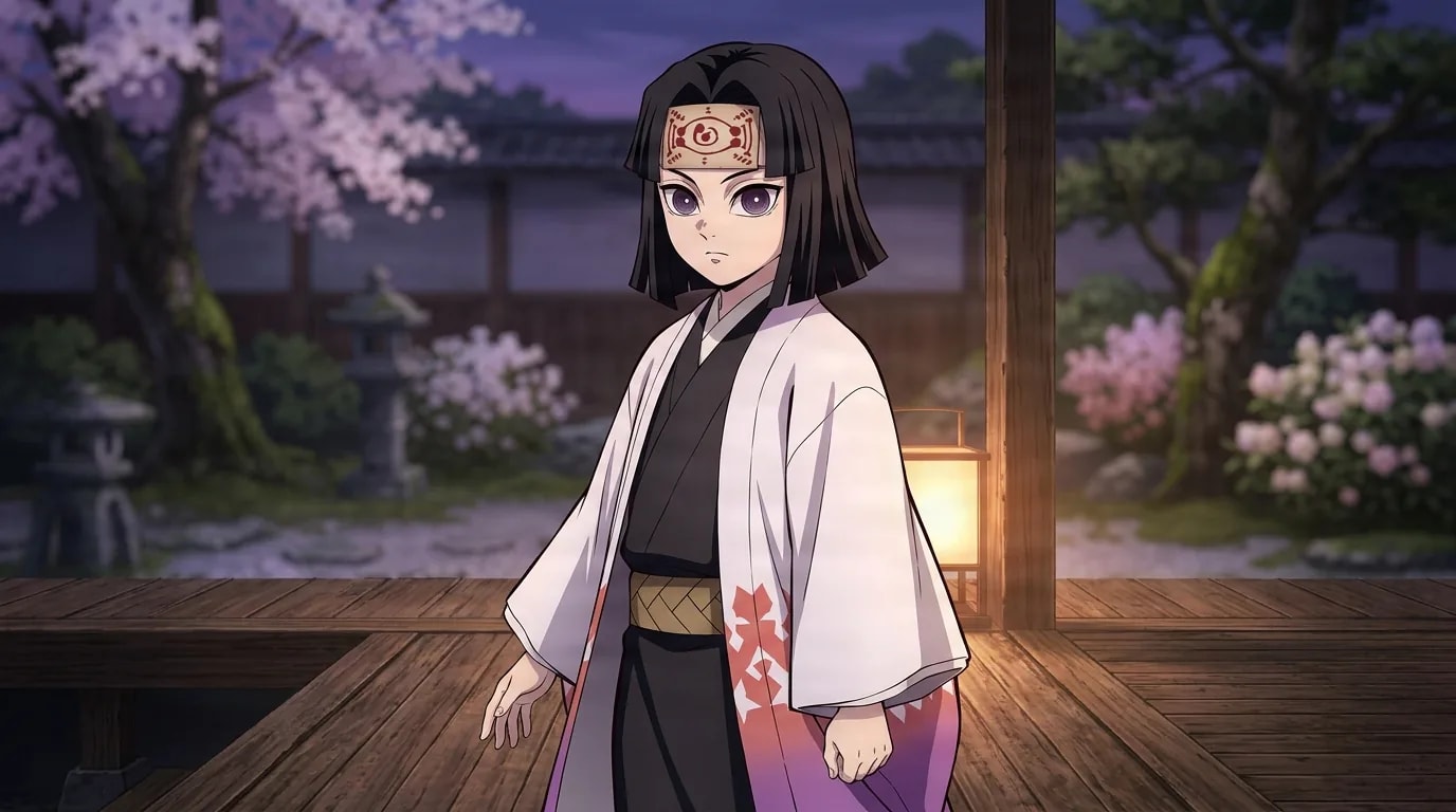 A dark-haired boy with a paper talisman on his forehead stands on a wooden veranda at dusk in a black kimono and white haori, cherry blossoms and a glowing lantern behind him.