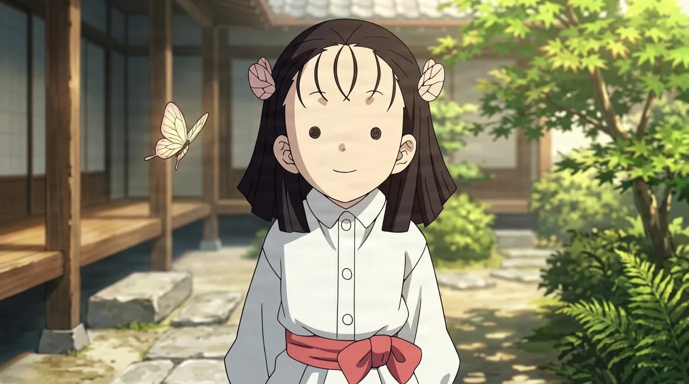 Ein junges Mädchen mit schwarzem Haar und rosa Blumenschmuck lächelt sanft in einem sonnenbeschienenen Gartenhof, trägt einen weißen Kimono mit einer roten Schärpenschleife, während ein blasser Schmetterling in der Nähe schwebt.