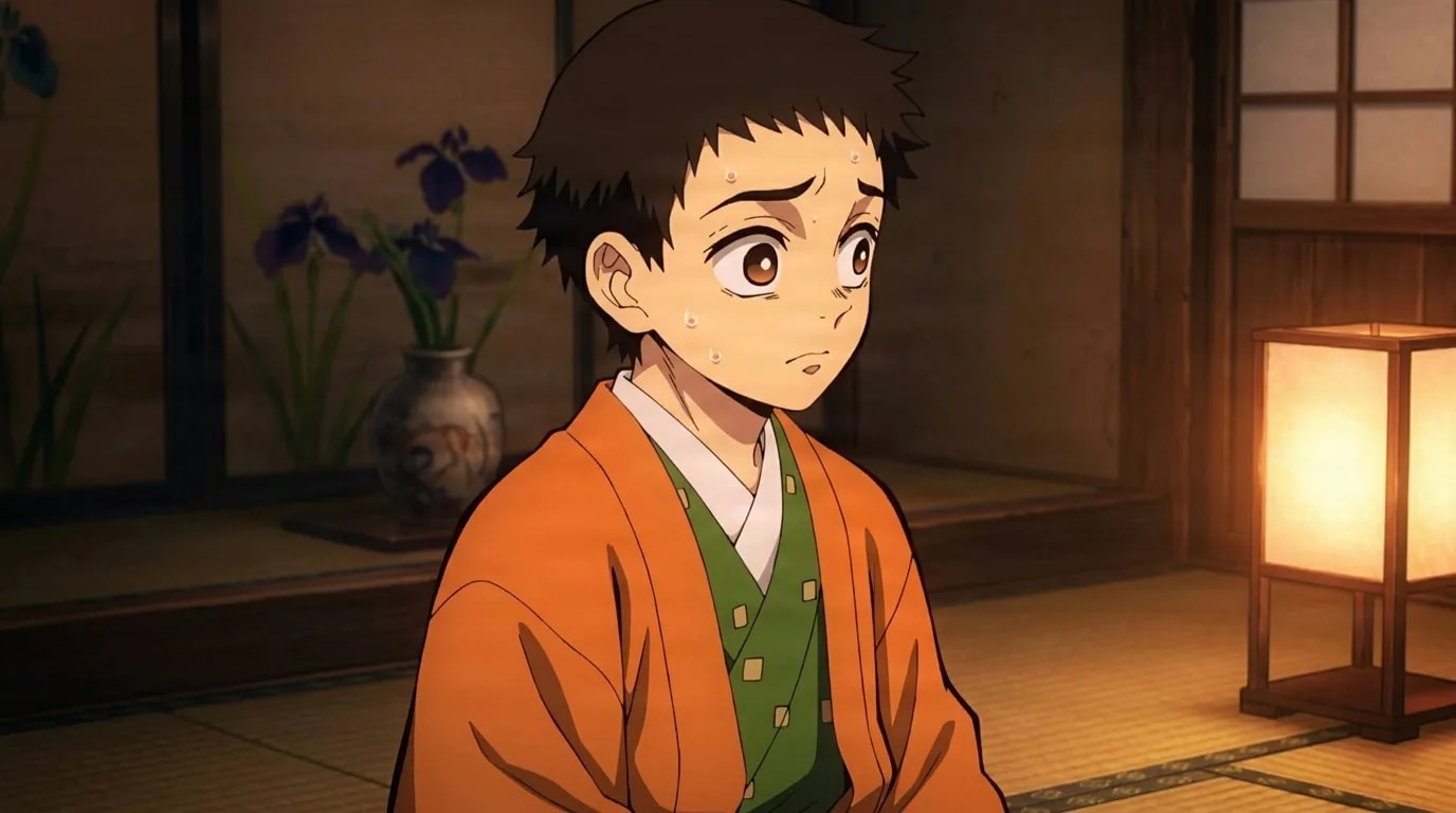 Ein braunhaariger Junge in einem orangefarbenen Kimono über einer grünen Unterschicht sitzt in einem schummrigen Tatami-Zimmer mit einem ängstlichen, schwitzenden Gesichtsausdruck, neben ihm eine Vase mit Schwertlilien und eine Papierlampe.