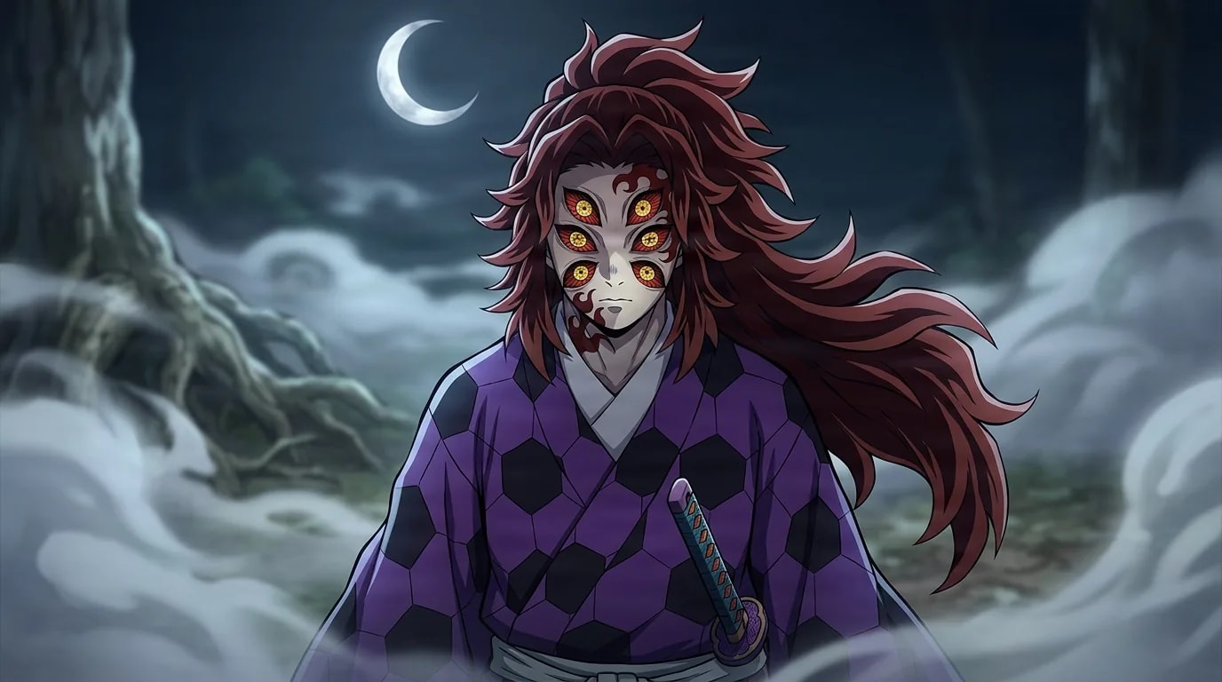 Kokushibo, il demone dai sei occhi, in un haori a scacchi viola, che fissa in avanti attraverso una pallida nebbia illuminata dalla luna sotto una sottile luna crescente