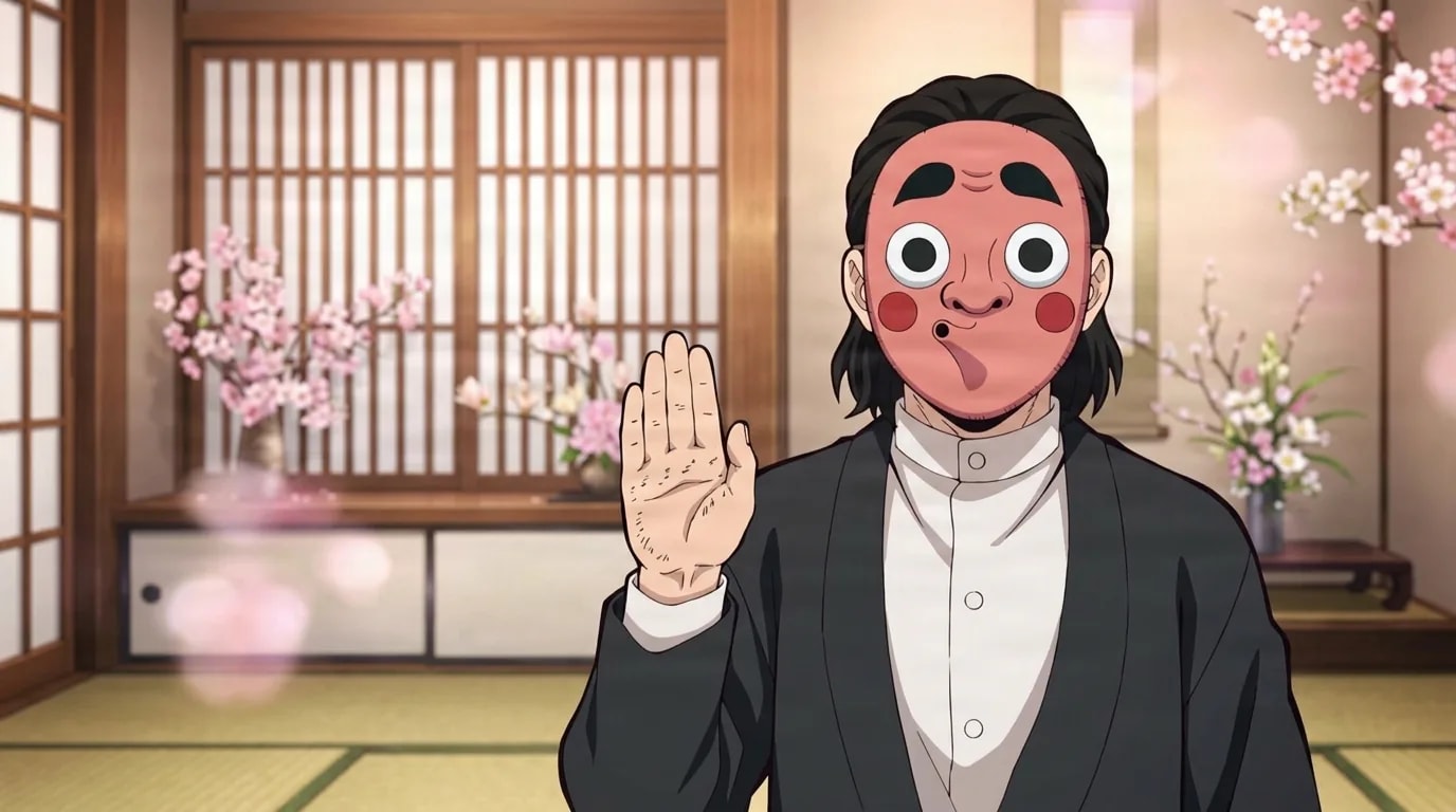 A man wearing a comical pink mask with big round eyes and pursed lips raises an open palm in greeting inside a traditional room decorated with cherry blossom branches, dressed in dark formal clothing.