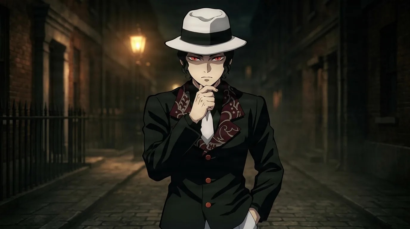 Muzan Kibutsuji in a white fedora and dark suit, red eyes and a hand raised to his chin, standing on a dim gaslit cobblestone street at night