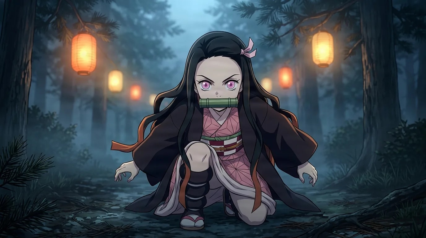 Nezuko Kamado crouched low on a misty forest path at night, glowing orange paper lanterns hanging from the pines behind her, pink eyes fixed on the viewer above her bamboo muzzle