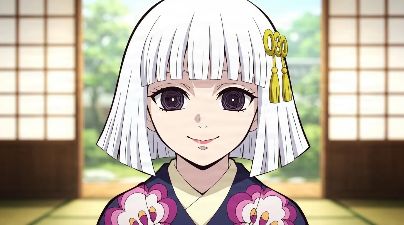A white-haired girl with pale patterned eyes and a yellow hair tassel smiles softly in a floral navy kimono in a bright screen-lined room.