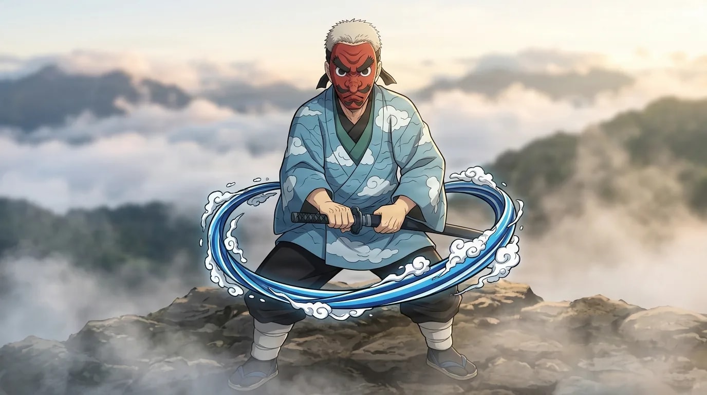 Sakonji Urokodaki in a red tengu mask crouches into a water breathing sword stance, a swirling blue water ring around him on a misty mountain ridge at dawn.