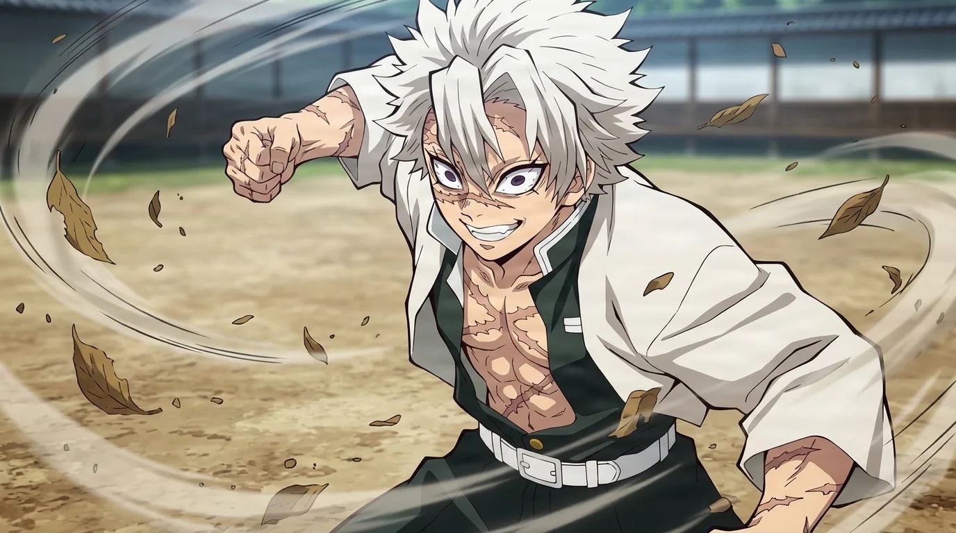 Sanemi Shinazugawa lunges forward with a raised fist and a fierce toothy grin, scars across his bare chest, as dry leaves swirl across a training field.
