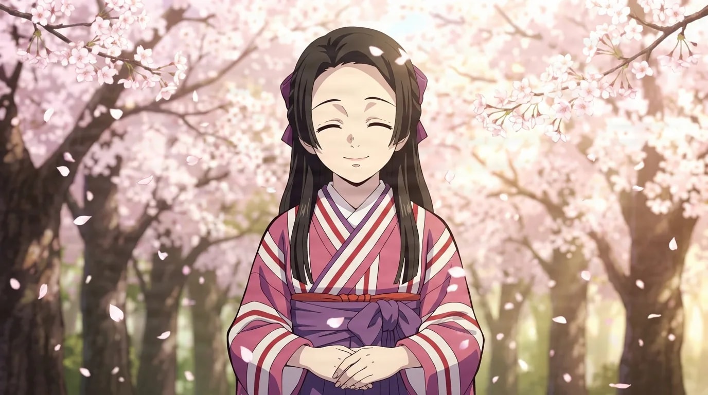 Satoko sorrindo de olhos fechados sob pétalas de cerejeira caindo, as mãos entrelaçadas diante de seu quimono listrado de rosa e branco.