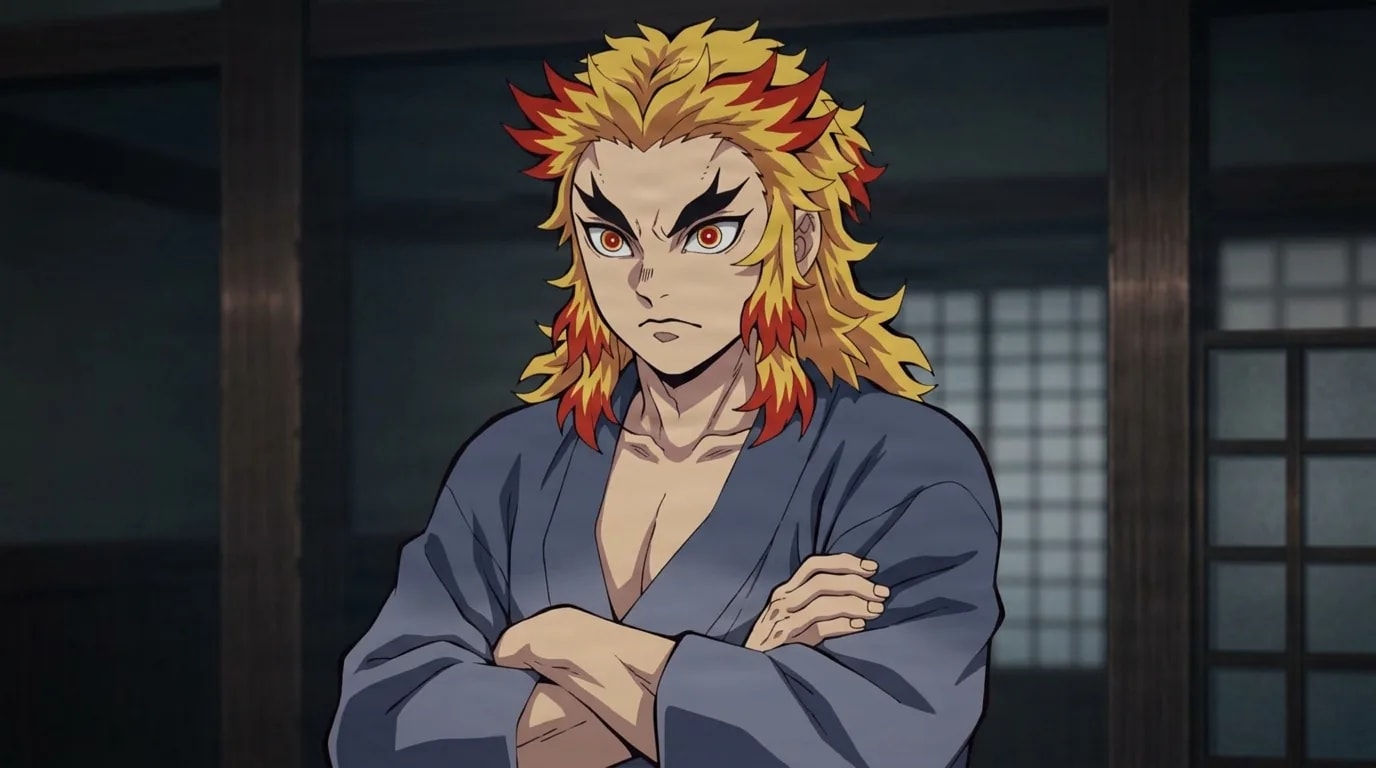 Shinjuro Rengoku blickt finster mit über seinem grauen Gewand verschränkten Armen, flammenspitzes Haar umrahmt ein strenges, grimmiges Gesicht, in einem düsteren traditionellen Holzhaus.