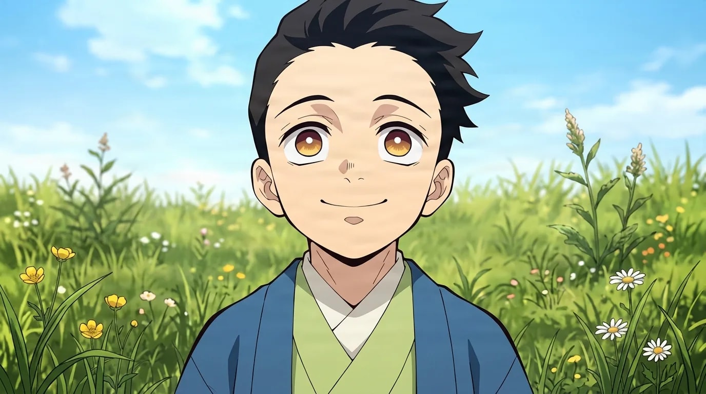 Un ragazzino con corti capelli neri e occhi ambrati che indossa un kimono blu, sorridendo gentilmente in un prato verde pieno di fiori selvatici bianchi e gialli sotto un cielo azzurro