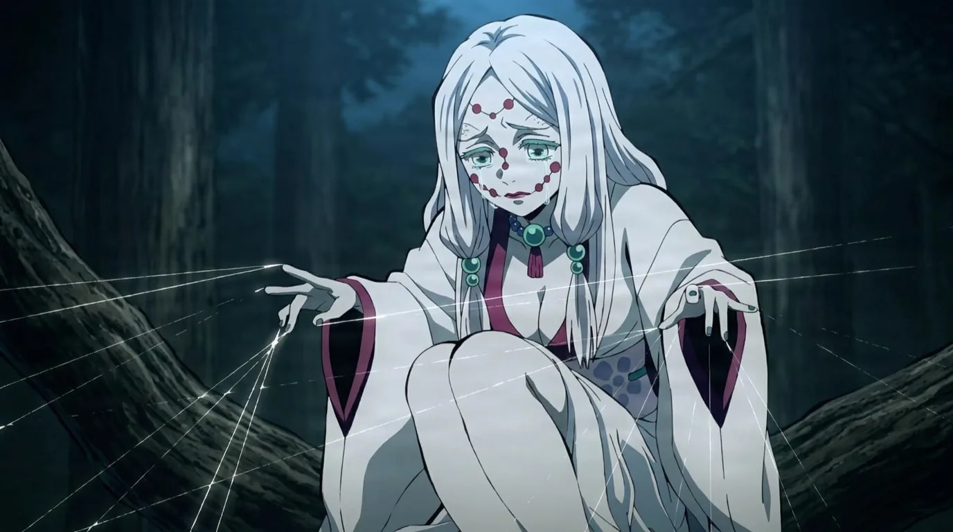 A white haired demon woman with red bead markings and a tear on her cheek crouched on a fallen log, extending her arms to cast fine spider threads in a dark forest.
